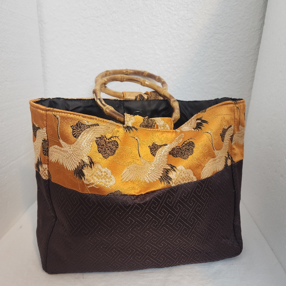 Wei East Shanghai Brown & Gold Canvas Bamboo Round Wood Handles Tote  NWOT
